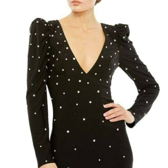 Mac Duggal $598 Black Long Sleeve Rhinestone Formal Jersey Maxi Gown Long Dress - Picture 2 of 11